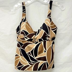 Swimwear Tank Top Brown Tan Cream Circle Cinch Built In Bra Coastal Cool Boho